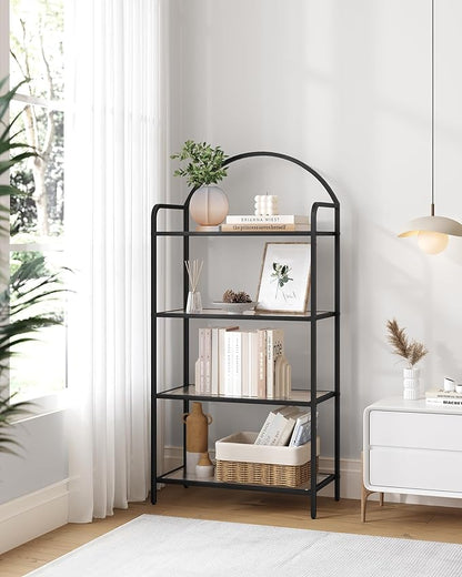 Bookcase Bookshelf, Tempered Glass Bookshelves, Slim Shelving Unit for Bedroom, Bathroom, Home Office, Steel Frame, 4 Tier Black BC21499B