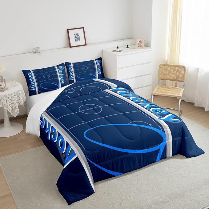 Feelyou Kids Hockey Player Comforter Set Full Size Ice Hockey Bedding Set for Boys Girls Teens Bedroom Decor Ice Sports Games Comforter Puck Hockey Duvet Set with 2 Pillow Case