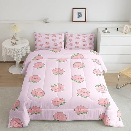 Erosebridal Cute Peach Comforter Set Full Size Kids Girls Comforter Cartoon Fruit Room Decor Duvet Set Reversible,Teens Women Pink Down Comforter with 2 Pillowcases, Kawaii Fruit Comforter