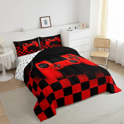 Erosebridal Gamer Bedding Sets for Boys Gaming Comforter Sets Twin Size for Kids Teen Boys Gamer Room Decor Video Game Gamepad Bedding Set with Plaid Check Grid Duvet Insert Soft All Season,Black Red