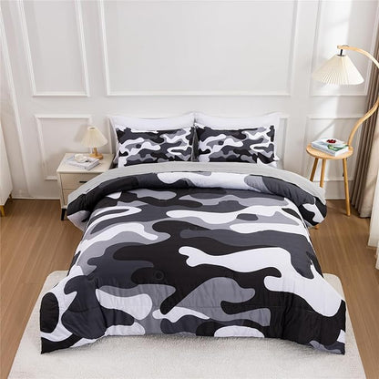 Meeting Story Camouflage Bedding Set, Colorful Pattern Style Comforter Set, 5 PCS One Comforter Two Pillowcases Two Sheets in One Bag, All Season Bedspread for Teens Adults (Grey,Full5pcs