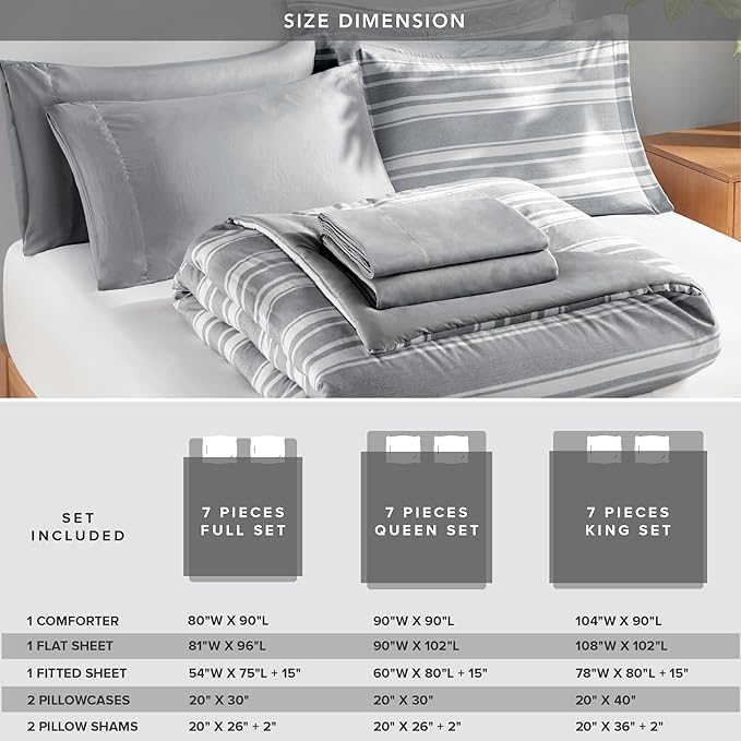 Full-size Bed in a Bag, Full Bedding Sets, Modern Farmhouse Grey and White Striped Comforter with Sheets, 7-Piece Complete Bedroom Set