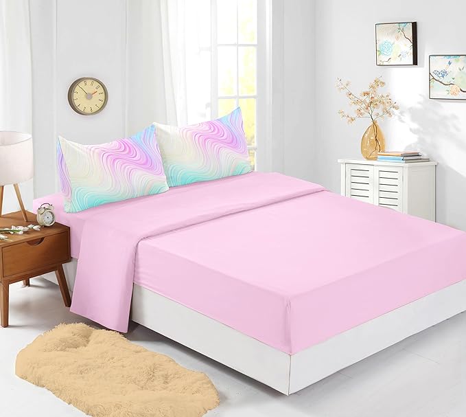7PCS Girls Comforter Sets Queen,Pink Comforter Queen,Girls Bed Sets Queen,Bed in a Bag with Flat Sheet and Fitted Sheet,Pillowcases,Cushions for Girls,Rainbow Bedding Sets