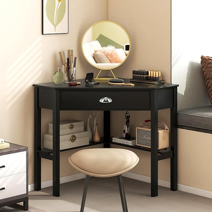 Nightcore Small, Wood Computer Desk, Compact Writing w/Drawer & Storage Shelves, Space Saving Study Workstation, Laptop PC Corner Table, Coffee