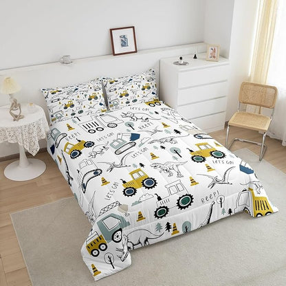 Feelyou Construction Comforter Set King Size Kids Cartoon Car Excavator Tractor Toddler Comforter Equipment Trucks Dinosaur Comforter Set Construction Vehicles White Yellow Duvet Set Quilt Set