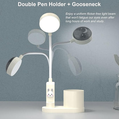 Cute Kids Desk Lamp 2000mAh Rechargeable Kawaii Desk Lamp with Star Projection & Pen Holder, Aesthetic Kids Bedside Lamp with Flexible Gooseneck/ 3 Level Brightness/Eye-Caring for Reading, Study