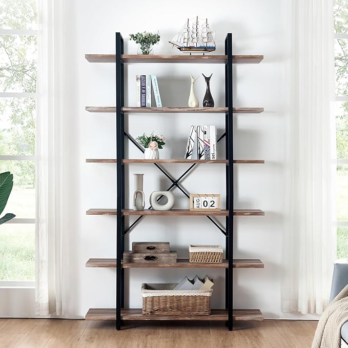 HOMISSUE Bookshelf,6-Tier Tall Bookshelf Industrial Bookcase and Bookshelves,Rustic Storage Rack with Open Shelves for Living Room Bedroom and Kitchen