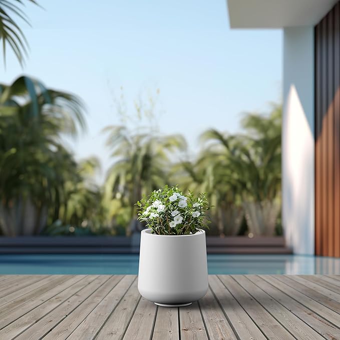 Kante 15.3-Inch Dia Round Concrete Planter, Large Plant Pot with Drainage Hole and Rubber Plug for Indoor Outdoor Use – Home, Garden, or Patio, Pure White