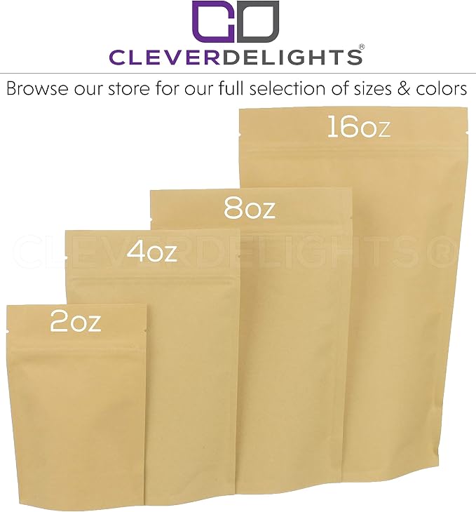 CleverDelights Kraft Stand Up Pouches - 16oz - 100 Pack - 7" x 11.5" x 4"