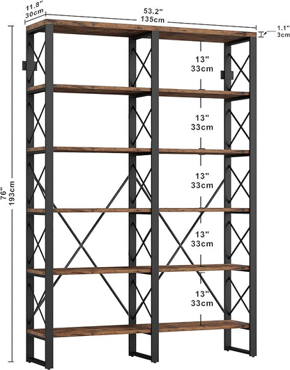 IRONCK Bookshelf Double Wide 6-Tier 76" H, Open Large Bookcase, Industrial Style Shelves, Wood and Metal Bookshelves for Home Office, Easy Assembly