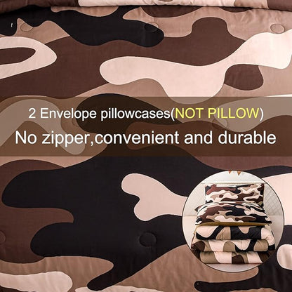 Meeting Story Camouflage Bedding Set, Colorful Pattern Style Queen Comforter Set, 3 PCS One Comforter and Two Pillowcases in One Bag, All Season Bedspread for Kids Teens Adults (Coffee, Full)