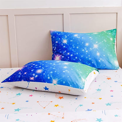 A Nice Night 6Pcs Gradient Glitter Bedding Set for Girls, Colorful Rainbow Galaxy Comforter Set, Ultra Soft Bedding Sets (Blue-Green,Queen 6Pcs)