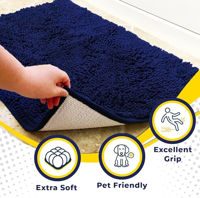 Muddy Mat® Shown on TV – Super Absorbent Microfiber Dog Door Mat for Muddy Paws, Non-Slip Washable Pet Rug, Quick Dry Chenille Entryway Carpet, Machine Washable Indoor Outdoor mat, Navy Blue 59"x35"