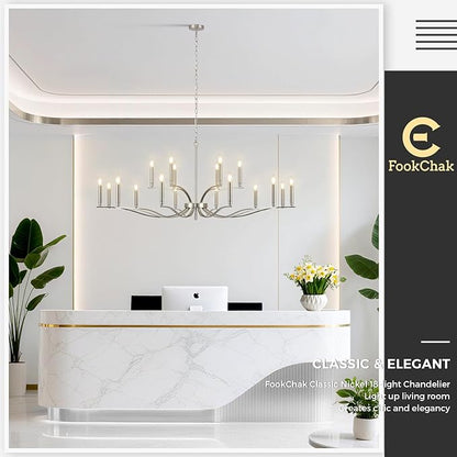 18 Light Nickel Living Room Chandelier High Ceiling Foyer Candle Chandelier Large Modern 59in Metal Chandeliers Hanging Light for Master Bedroom Dining Room Light Fixture Over Table