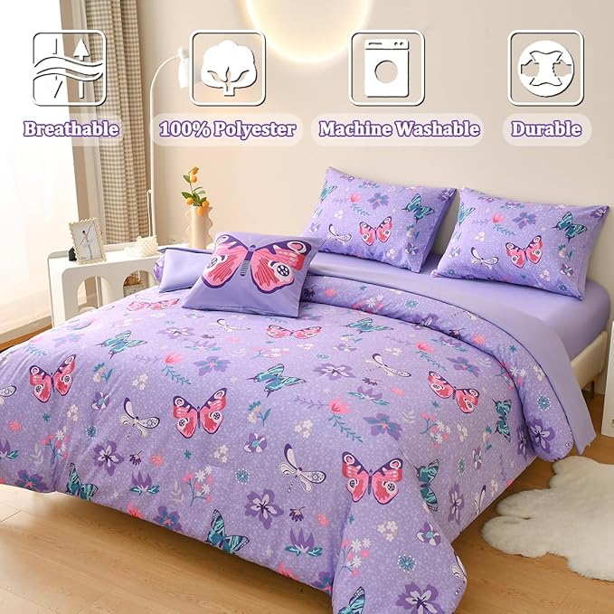 Butterfly Bedding Set Twin, Purple Butterfly Comforter Set for Girls Kids Teens 6 pcs Bed in a Bag Twin Bedding Sets for Girls