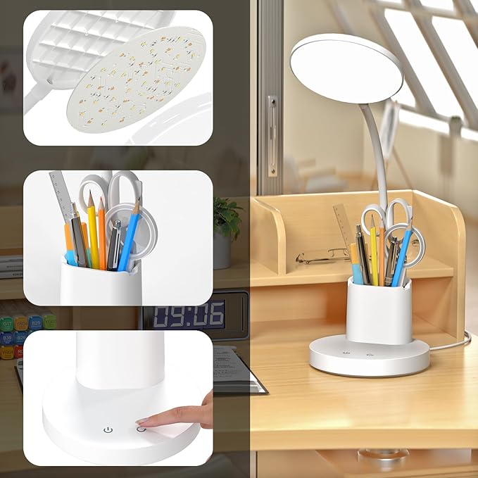 comzler Small Desk Lamp for Kids, LED Desk Lamps with Pen Phone Holder, White Desk Light for Home Office,8W 3 Modes Dimmable LED Desk Light for Kids, Desktop Study Lamps for Bedrooms