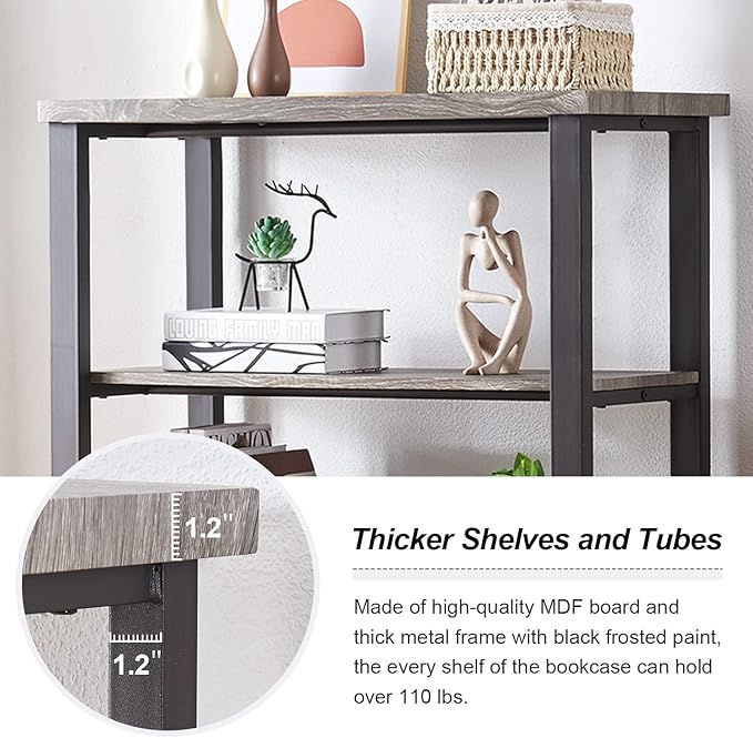 HOMBAZAAR Bookshelf, 4-Tier Vintage Industrial Book Shelf, Rustic Wood and Metal Bookcase and Bookshelves, Free Standing Storage Large Bookshelf for Living Room, Bedroom and Kitchen, Grey Oak