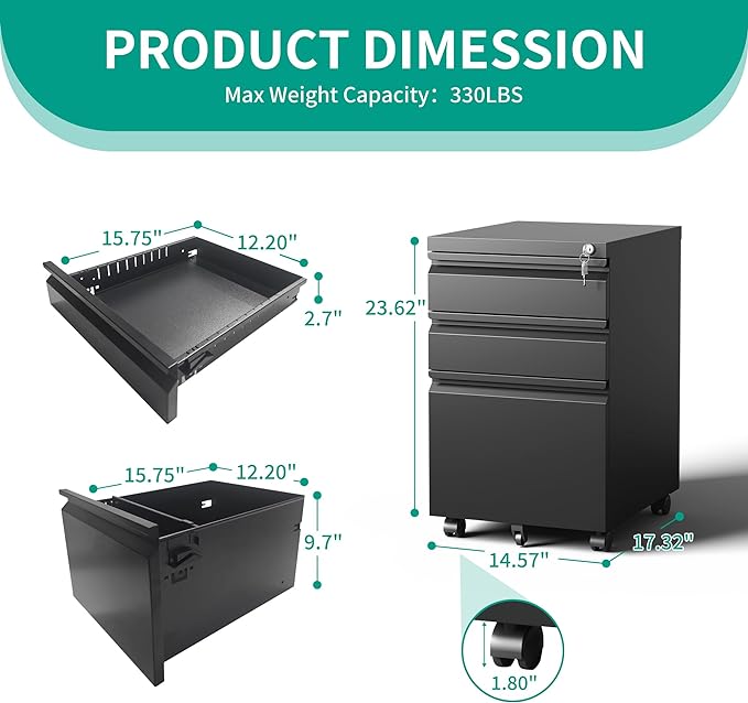 3 Drawers Mobile File Cabinet, Rolling File Cabinet Fully Assembled Under Desk, Metal Filing Cabinet with Lock for Home Office Organizer Letters/Legal/A4 (Black)