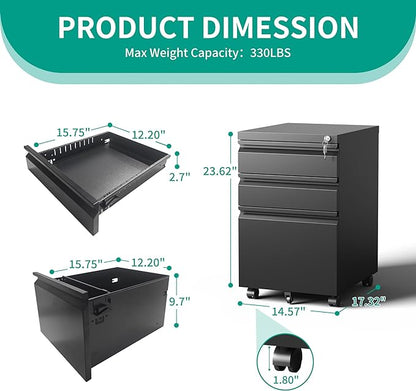 3 Drawers Mobile File Cabinet, Rolling File Cabinet Fully Assembled Under Desk, Metal Filing Cabinet with Lock for Home Office Organizer Letters/Legal/A4 (Black)
