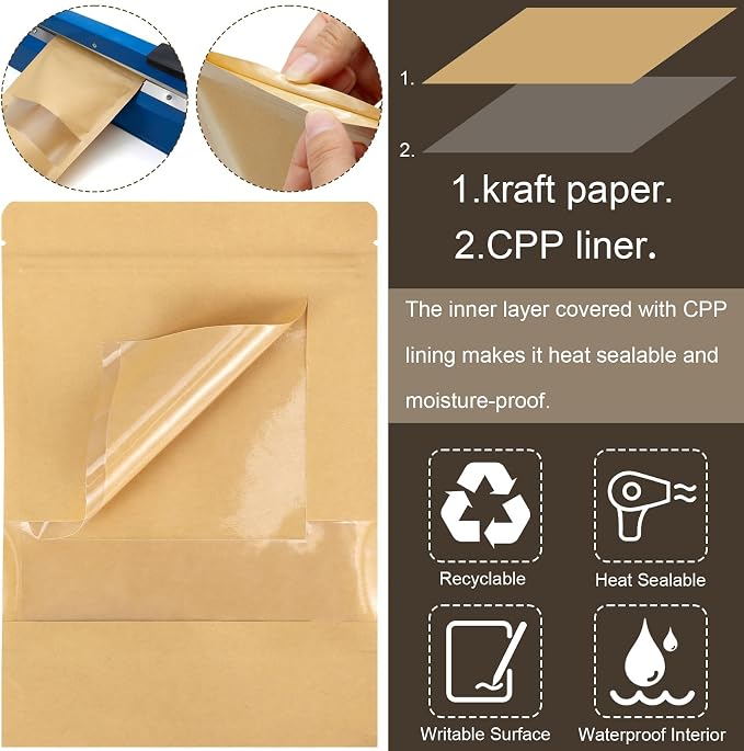 50 Pack Kraft Paper Resealable Bags with Clear Window (4 X 6 Inches) | Heat Sealable Stand Up Pouch Bags with Tear Notches for Small Business, Spices, Granola Storage