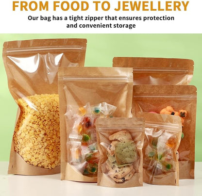 300 Pack Kraft Paper Bags with Clear Window 4x6 Reclosable Small Stand Up Mylar Bags for Food Storage Resealable Smell Proof Pouch, Edible Packaging, Reusable bags for Small Business