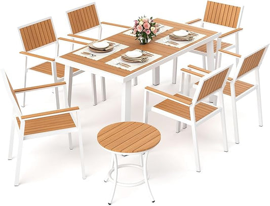 Pamapic 8-Piece Patio Dining Set，Outdoor Aluminum Furniture Set with Plastic-Wood Table Top,Outdoor Furniture Set with 6 Outdoor Stackable Chairs for Patio Garden Poolside (White)