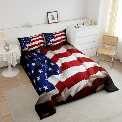 Erosebridal American Flag Comforter Set, United States Down Comforter Twin Size for Kids Boys Teens, USA Federations Stars Bedding Set Geometric Stripes Quilted Duvet for Bedroom, Blue White and Red