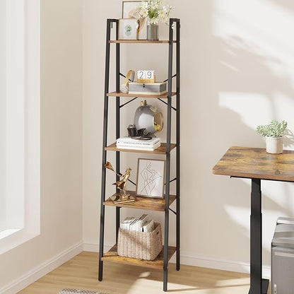 Ladder Shelf, Bookshelf Bookcase, Freestanding Corner Storage Shelve with 2 Hooks for Home Office, Living Room, Kitchen, Bedroom, Industrial, 5-Tier Rustic Brown BC19201B