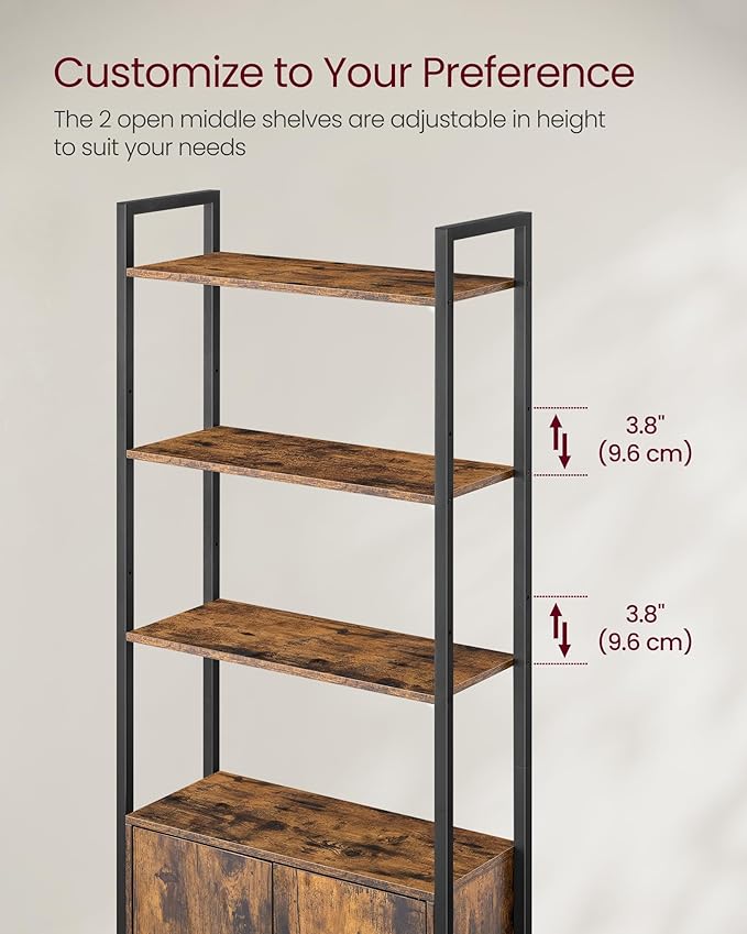 VASAGLE 6-Tier Bookshelf, Tall Bookcase with Door, Steel Frame, Adjustable Shelves, 9.4 x 23.6 x 62.8 Inches, Living Room Bedroom, Rustic Brown and Ink Black ULLS133K01