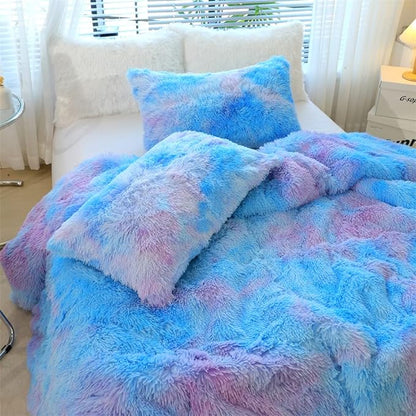 Faux Fur Kids Girls Blue Rainbow Comforter Sets Queen - 3PC Bed Set Warm Comfortable Soft Plush Flannel Velvet Fluffy Fuzzy Bedding（Comforter x 1 Pillowcases x 2）