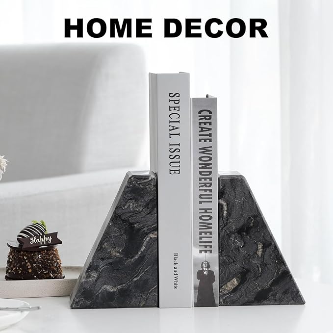 Marble Bookends for Heavy Books, Decorative Book Ends for Shelves, Titanium Black Stone Durable and Heavy-Duty Book Ends for Hardback Books & CDS, Unique Book Stopper & Holder, Set of 2