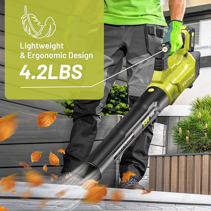 SEYVUM 580CFM MAX Leaf Blower Cordless with 5.0 Battery & Fast Charger, 3-Speed Dial 20V Electric Leaf Blower for Lawn Care, Battery Powered Leaf Blower Lightweight for Patio, Yard, Snow