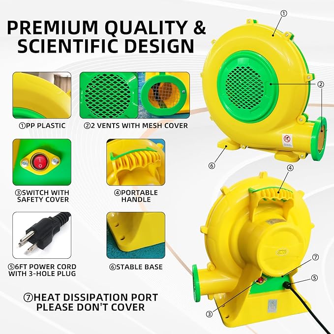 Inflatable Bounce House Blower, QILEBA 1100Watt/1.5HP Powerful Air Blower for Large Inflatables, Portable Bubble House Blower Fan Pump for Spray Booth, Bouncy Castle, Jumper, Water Slid, Blower Corded