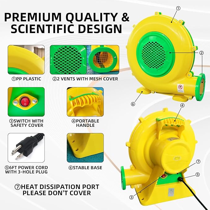 480W 0.64HP Air Blower, QILEBA Powerful Inflatable Bounce House Blower, Portable Electric Blower Fan Pump Perfect for Inflatable Bounce House, Bouncy Castle, Jumper, Water Slid, Blower Corded (480W)