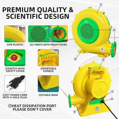 480W 0.64HP Air Blower, QILEBA Powerful Inflatable Bounce House Blower, Portable Electric Blower Fan Pump Perfect for Inflatable Bounce House, Bouncy Castle, Jumper, Water Slid, Blower Corded (480W)