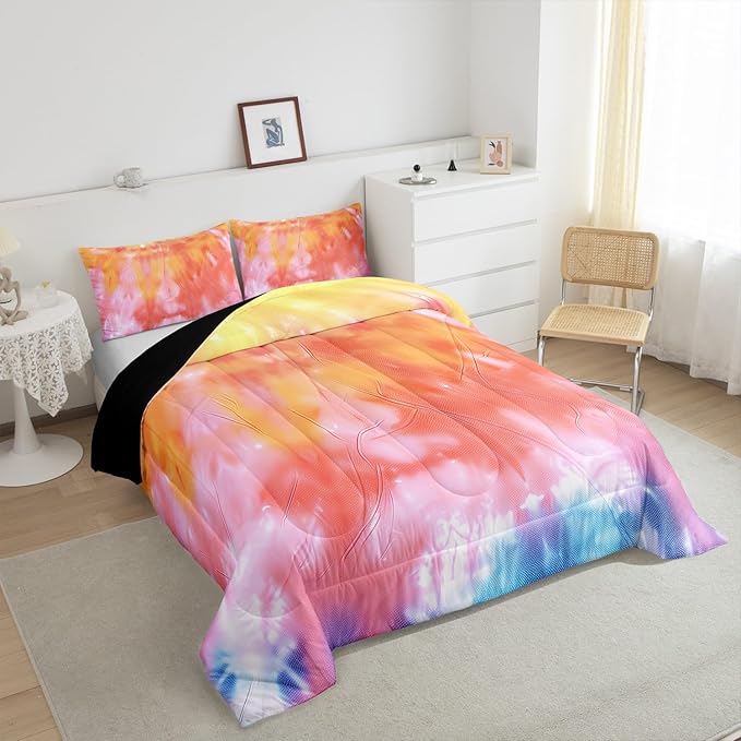 Boho Comforter Set Spiral Tye Dye Pattern 3pc Down Comforter Queen Size Rainbow Bedding Sets with 2 Pillowcases Soft Comfortable Machine Washable,Trippy Psychedelic Gypsy Duvet Quilt Set for Teen Girl