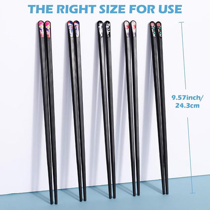 GLAMFIELDS 5 Pairs Premium Chopsticks Reusable Dishwasher Safe 9.5 Inch Fiberglass Chop Sticks Gift Set Hexagon Black Non Slip with the Printed Tops