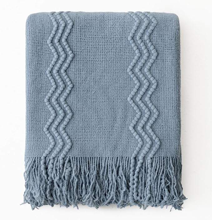 MIULEE Dusty Blue Cozy Knitted Throw Blanket for Couch Textured Knit Blanket with Tassels Woven Acrylic Wave Pattern Boho Blankets for Sofa Bed Chair 50"x60"