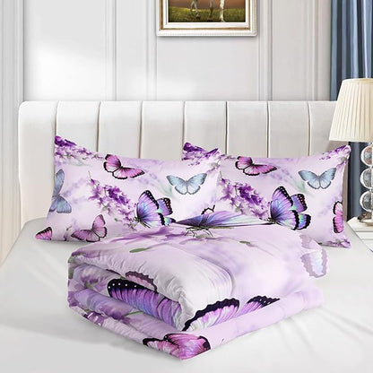 Purple Lavender Butterfly Comforter Set for Girl Kid Adult Colorful Butterfly Pattern Bedding Set Aesthetics Butterflies Quilt Bed Set Twin Size with 1 Comforter and 2 Pillowcases