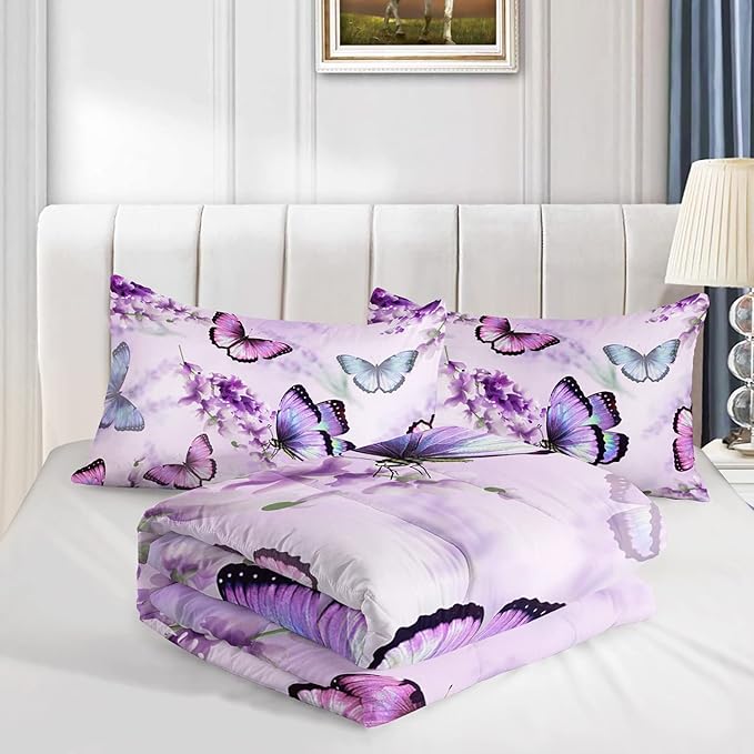 Purple Lavender Butterfly Comforter Set for Girl Kid Adult Colorful Butterfly Pattern Bedding Set Aesthetics Butterflies Quilt Bed Set Full Size with 1 Comforter and 2 Pillowcases