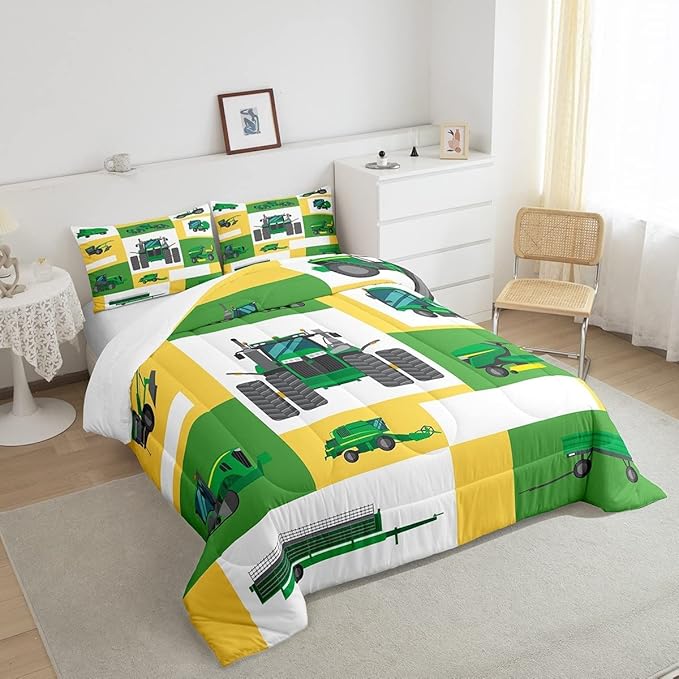 Boys Tractor Comforter Set King Kids Equipment Trucks Bedding Sets For Teens Bedroom Under Construction Quilt Set Excavator Vehicle Car Bedding Farmhouse Harvester Quilted Comforter,Green Yellow