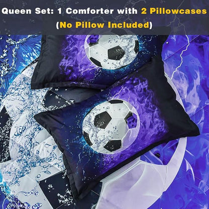 Andency 3D Soccer Comforter Queen(90x90 Inch), 3 Pieces(1 Soccer Comforter, 2 Pillowcases) Blue Flame Soccer Comforter Sport Microfiber Bedding Set for Boy Girl Kids Teens