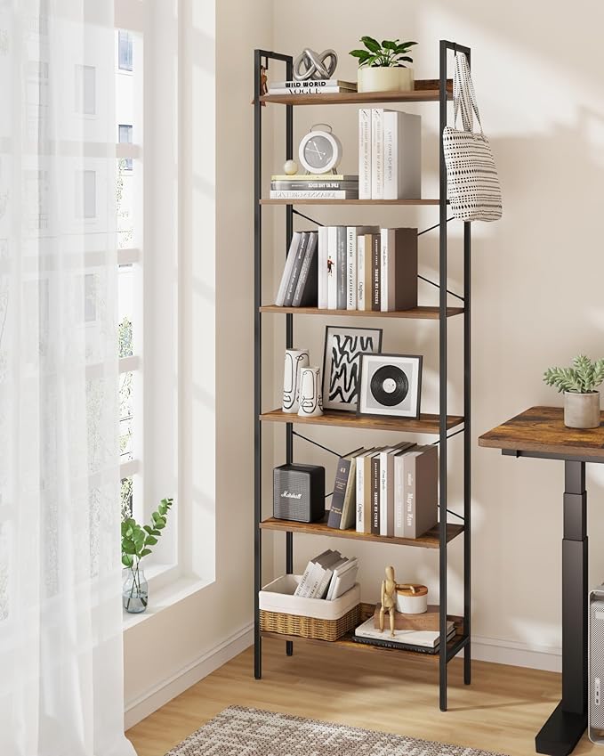 Bookshelf, Book Shelf, Industrial Bookcase with 2 Hooks, Coner Shelf Storage Organizer for Home Office, Living Room, Bedroom, Kitchen, 6-Tier Rustic Brown BC22701B