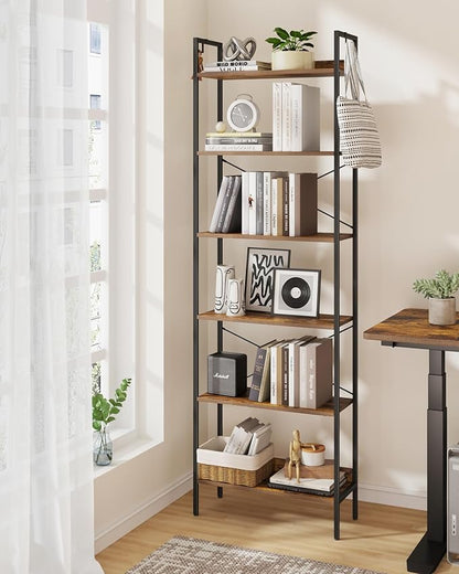 Bookshelf, Book Shelf, Industrial Bookcase with 2 Hooks, Coner Shelf Storage Organizer for Home Office, Living Room, Bedroom, Kitchen, 6-Tier Rustic Brown BC22701B