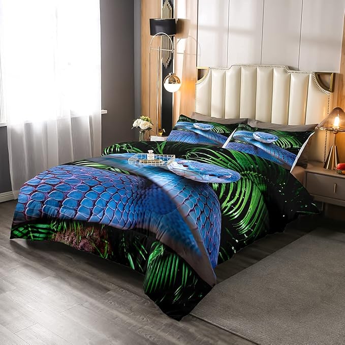 Erosebridal Snake Comforter Set King, Blue Snake Duvet Set, 3D Reptile Bedding Comforters, Blue Scales Quilt Set, Palm Leaf Wild Animal Stylish Quilted Duvet for Kids Boys Teens Man Bedroom Decor