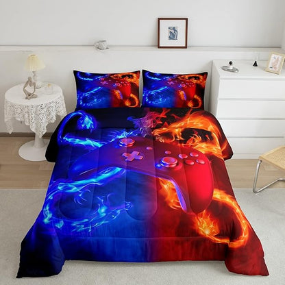 Ice Fire Dragon Comforter Set for Boys Teens Kids Gamer Games Room Decor Bedding Set Blue Red Gaming Gamepad Down Comforter ,Fairy Tale Animals Theme Room Decor 3Pcs Duvet Insert Queen Size,Soft