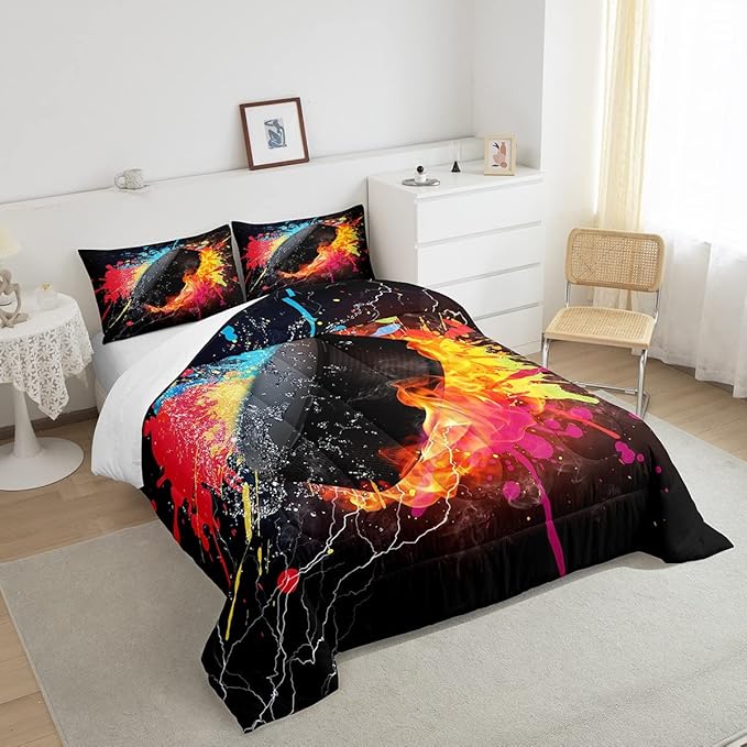 Erosebridal Hockey Bedding Set for Teen Boys Kids Winter Sports Queen Comforter Set Grunge Hippie Tie Dye Ball Bed Comforter Sets Red Blue Fire and Water Lightning Quilt Duvet Insert 2 Pillow Cases