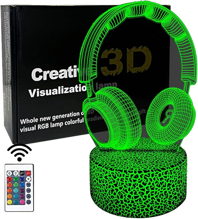 3D Headphone Night Light,3D Headset Illusion Lamp with 16 Colors Changes and Remote Control,Bedroom Decor, Table Lamp for Family, Friends