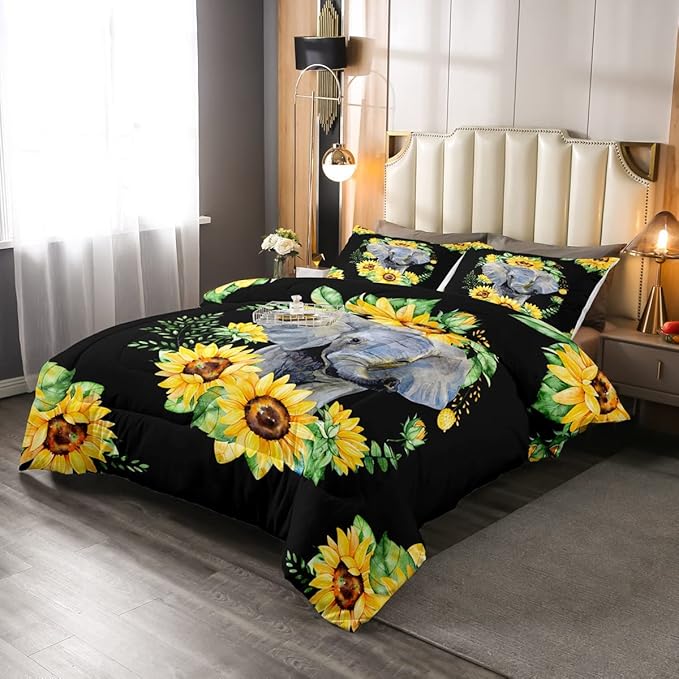 Elephant Comforter Set, Yellow Sunflower Down Comforter Full Size for Kids Girls Teens Adult Bedroom Decor, African Safari Animal Duvet Sets Floral Petal Country Bedding Set with 2 Pillow Cases