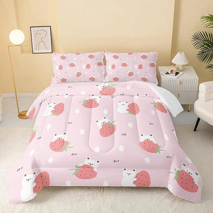 Cartoon Bear Comforter Full Size,Pink Strawberry Comforter Set for Kids Teens Girls,3Pcs Bedding Set Printed Comforter with 2 Pillowcases,Down Alternative,Soft and Lightweight，Full Size